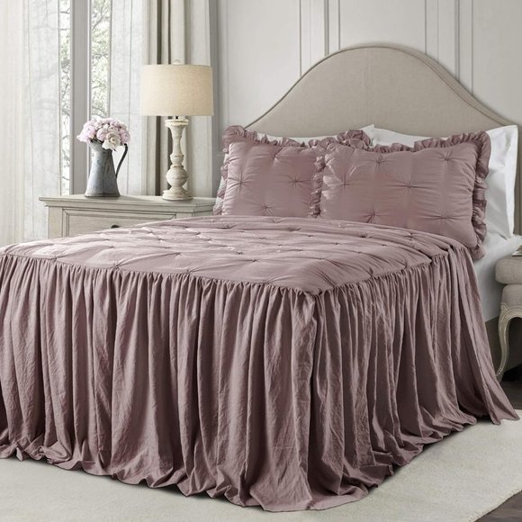 Mauve Queen Size Bed Bedspread Shams Set Soft Neutral Lavender Pink Cottage Chic - Picture 4 of 10